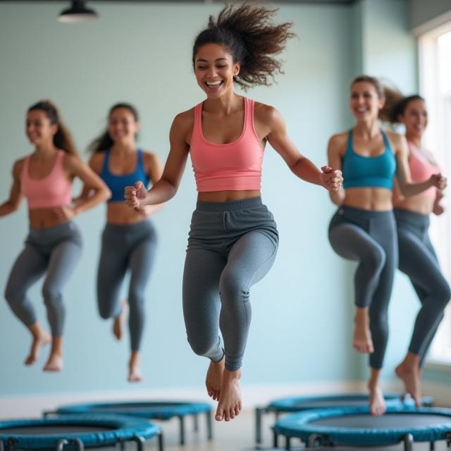 Clase de fitness en grupo sobre trampolines, mujeres sonriendo y haciendo ejercicio