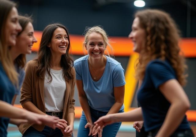 Grupo de compañeros de trabajo riendo y jugando en el parque de trampolines