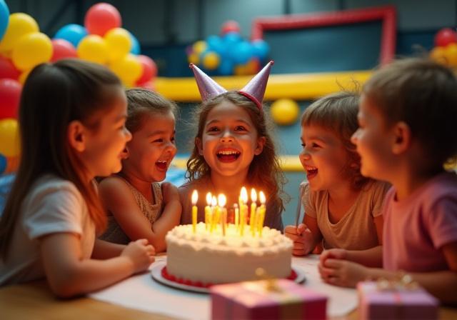 Niños celebrando un cumpleaños con globos y tarta en Aviary Bounce