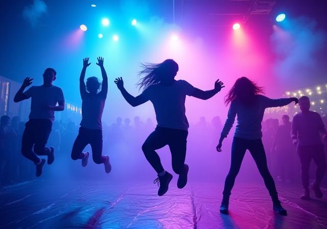 Jóvenes bailando y saltando bajo luces de neón en una fiesta nocturna
