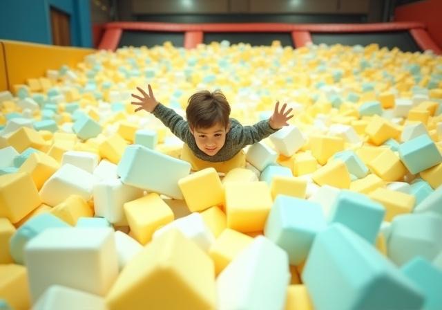 Saltador aterrizando en una piscina gigante de cubos de espuma