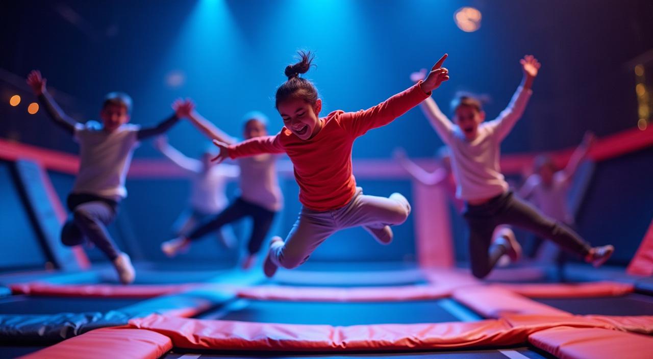 Grupo de jóvenes saltando alto en trampolines con iluminación vibrante