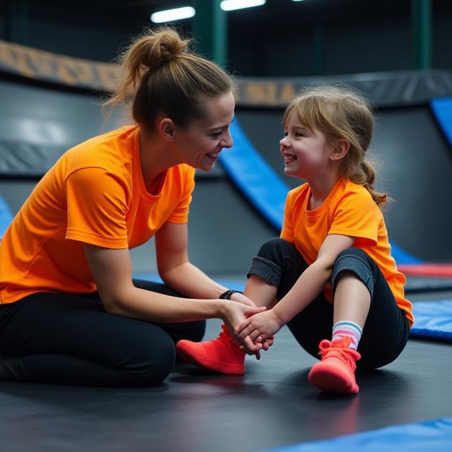 Monitor de seguridad revisando los calcetines antideslizantes de un niño