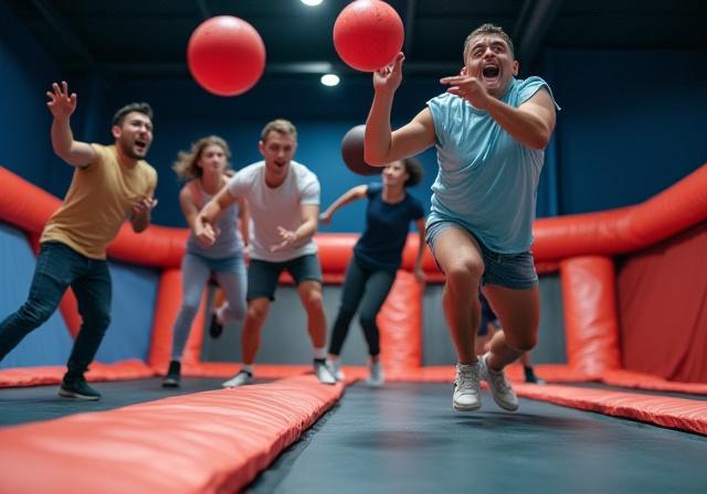 Jugadores emocionados enfrascados en un partido rápido de dodgeball en trampolines