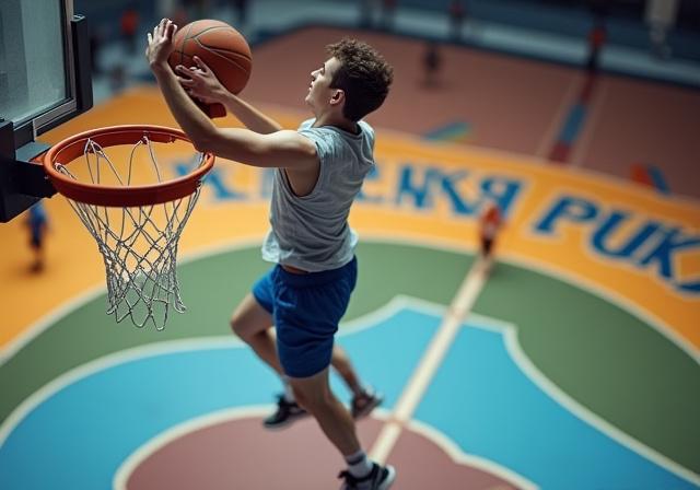 Adolescente disfrutando de un mate espectacular en una canasta de baloncesto con trampolín