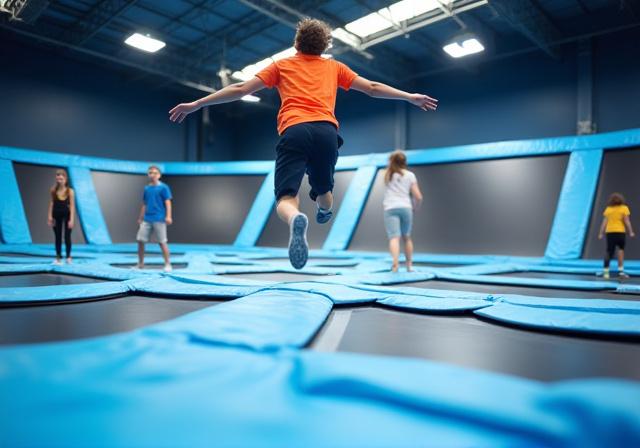 Personas saltando en una vasta área de trampolines interconectados